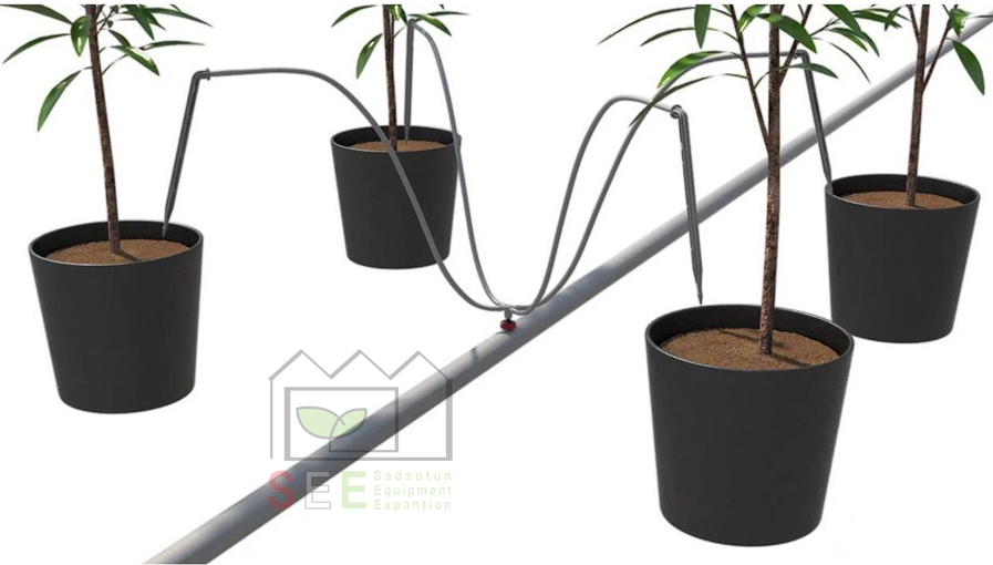 سیستم آبیاری گلخانهای مجهز به قطرهچکان و اسپایک ( میخی ) برای آبیاری دقیق گیاهان هیدروپونیک در شرکت مهندسی تجهز گستر صدستون