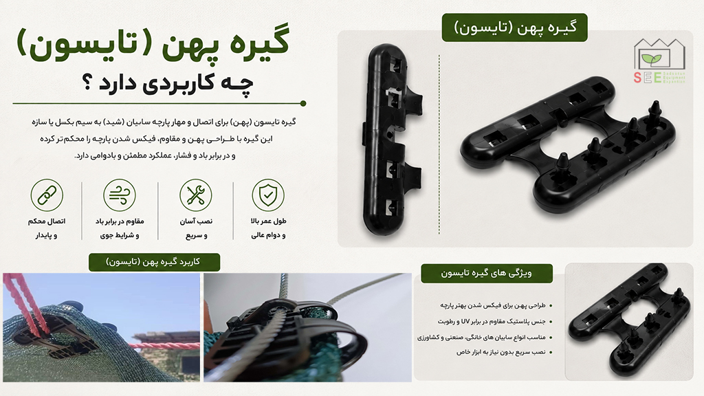 گیره تایسون یا بست پهن سایبان برای اتصال و مهار توری گلخانه شرکت مهندسی تجهیز گستر صدستون 